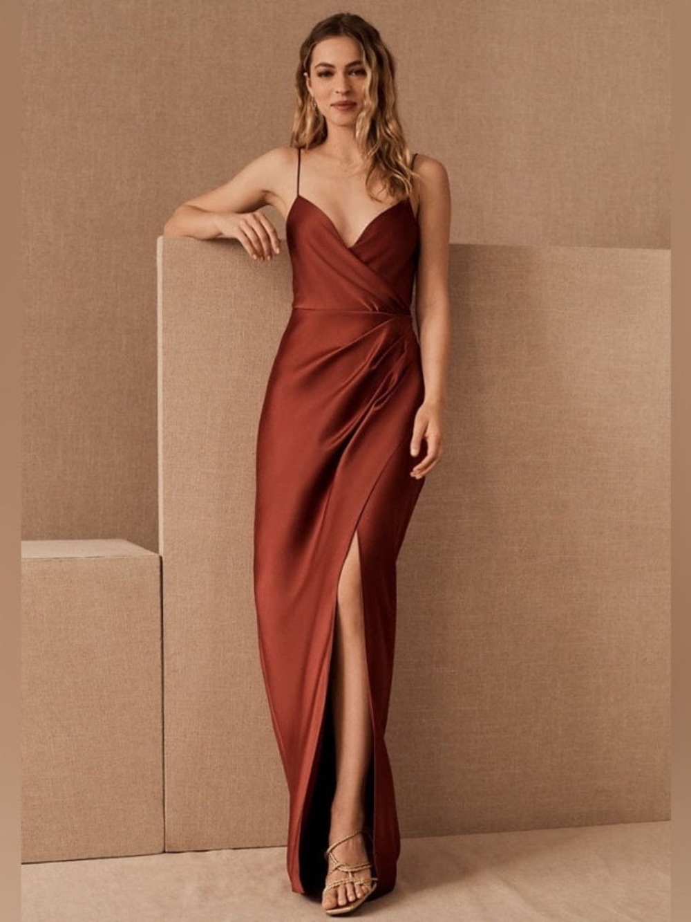 Sachin + Babi Burnt Copper Satin Wrap Maxi Dress